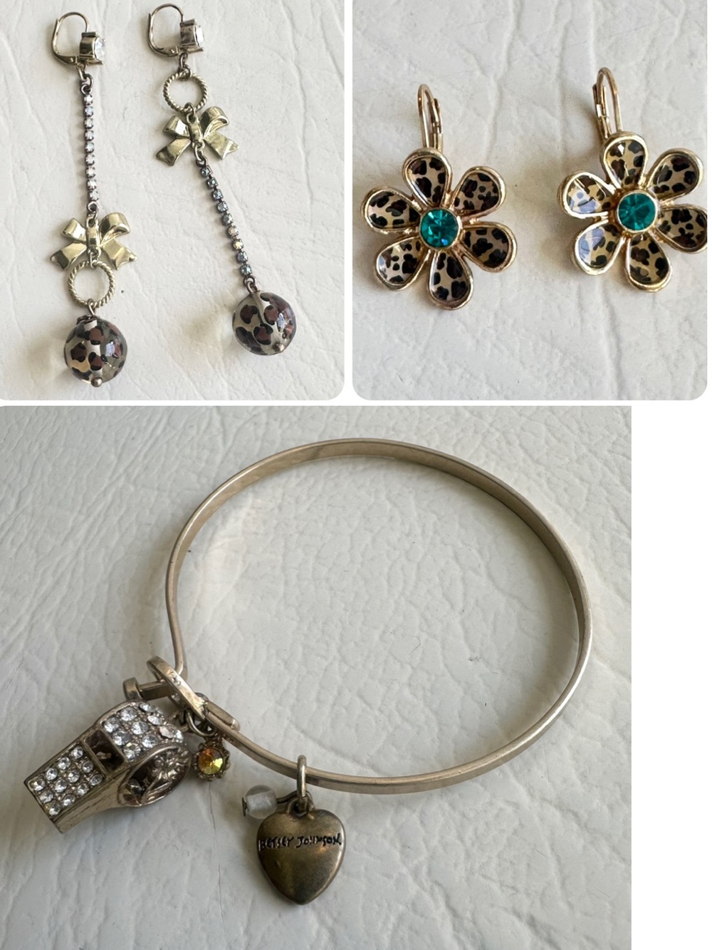 Betsey Johnson set
whistle bangle, cheetah flower & jungle ball drop earrings